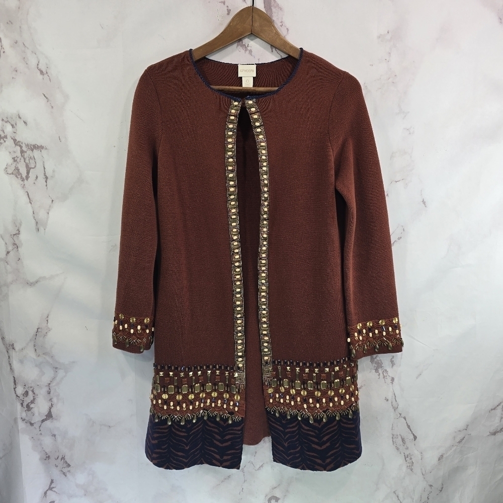 Chicos Cardigan Women Small 0 Brown Beaded Sweater Long Duster Mahogany Zebra